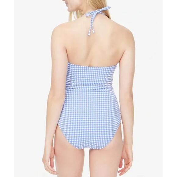 J.Crew Strapless Seersucker Halter One-Piece Swimsuit WMNS S Blue White Gingham - Picture 2 of 11